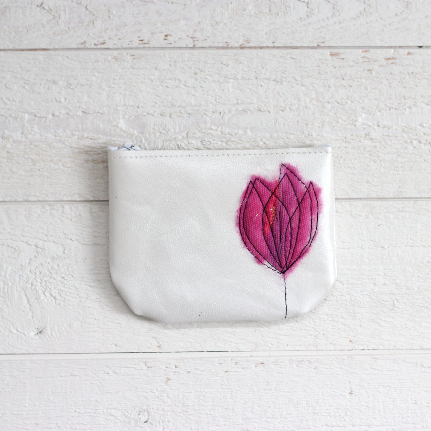 Leather Coin Purse - Pearl White & Hot Pink