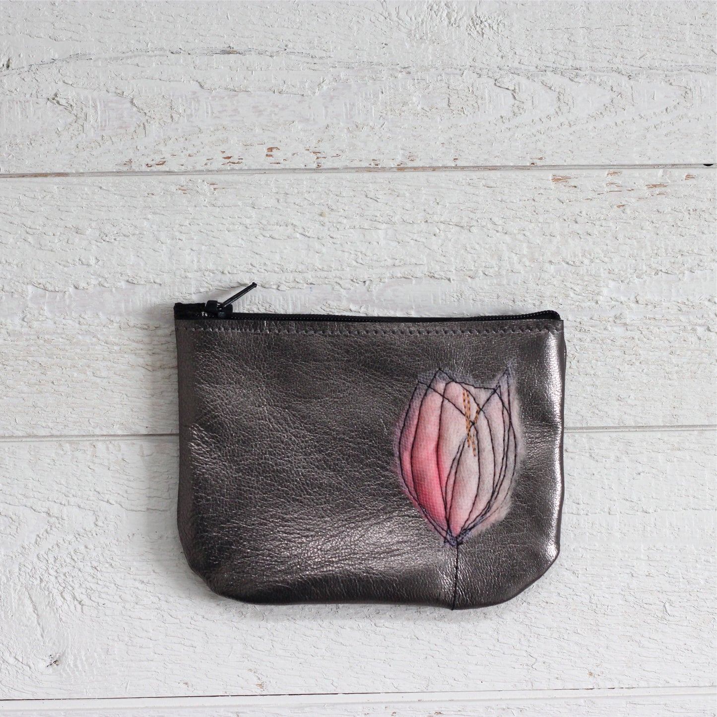 Leather Coin Purse - Pewter & Blush
